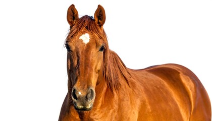 Close-up of a majestic brown horse with a white blaze on its forehead