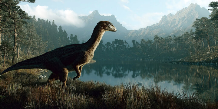 Lesothosaurus explores a peaceful landscape of lakes forests and mountains