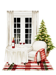 Cozy Christmas interior scene watercolor
