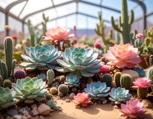 Vivid succulents and cacti flourishing in a bright, sunny greenhouse
