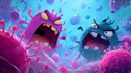 Illustration of cartoon germs with angry faces attacking a weak cartoon immune cell 