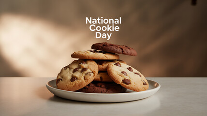 A plate of chocolate chip and chocolate cookies stacked together, celebrating National Cookie Day