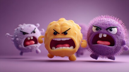 Illustration of cartoon germs with angry faces attacking a weak cartoon immune cell 