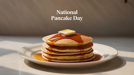 Stack of pancakes with syrup and butter on a plate, celebrating National Pancake Day