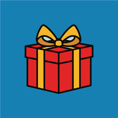Cartoon Gift Box with Yellow Bow and Red Wrapping Vector Illustration.