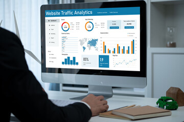 Fototapeta premium Computer software for website traffic analytics data on computer screen. Concept of SEO search engine optimization and customer targeting for online business brisk