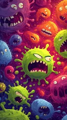 Illustration of cartoon germs with angry faces attacking a weak cartoon immune cell 