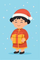 Chinese Girl in Traditional Dress with Santa Hat Holding Christmas Gift in Flat Design Illustration