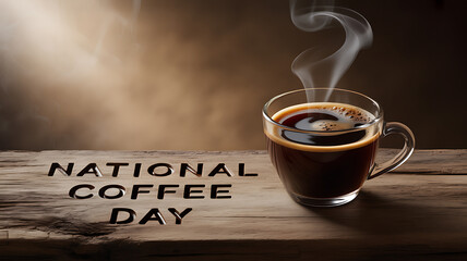 Steaming cup of coffee on wooden surface with 'National Coffee Day' text