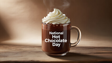 A steaming mug of hot chocolate topped with whipped cream, featuring text celebrating National Hot Chocolate Day.