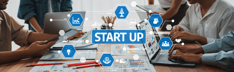 Panorama shot analyst team utilizing BI Fintech to analyze financial report with laptop. Businesspeople analyzing BI power dashboard displayed on laptop screen for business insight. Scrutinize Amity