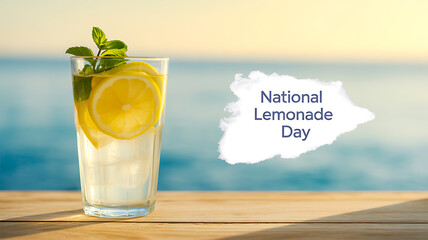 A glass of lemonade with lemon slices and mint garnish on a wooden table by the ocean, celebrating National Lemonade Day
