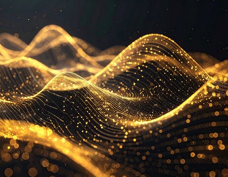 Abstract gold particle waves on dark background - Powered by Adobe