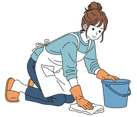 床の拭き掃除をする女性01