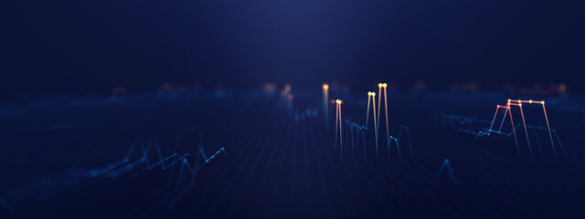 Futuristic technology background with glowing digital grid, big data connections, and dynamic light...