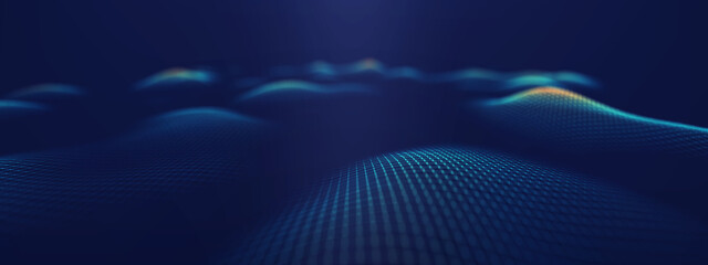 Naklejka na ściany i meble Futuristic digital surface with glowing wave grid in blue tones. Perfect for AI, data visualization, technology, and innovation design backgrounds. Naklejka na ściany i meble Futuristic digital surface with glowing wave grid in blue tones. Perfect for AI, data visualization, technology, and innovation design backgrounds.