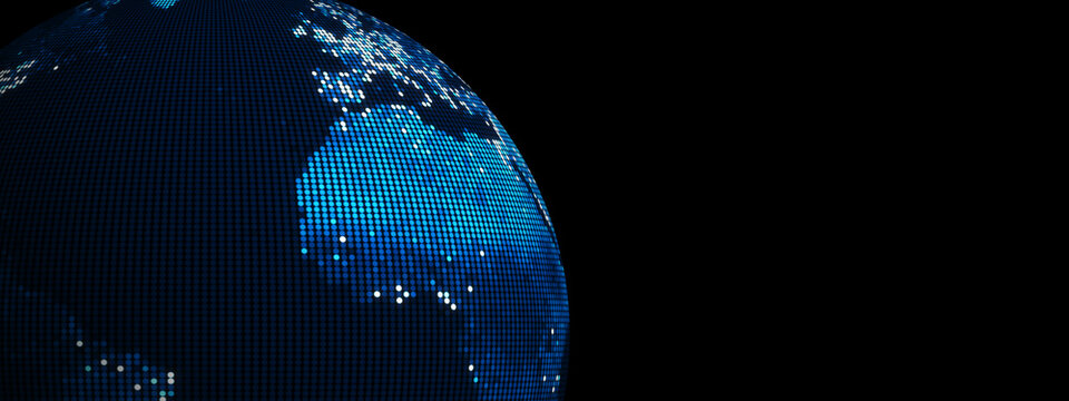 Futuristic digital globe made of glowing data dots representing global cyber network and technology connection. Perfect for AI, big data, and innovation backgrounds.