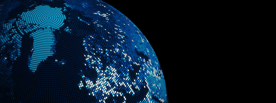 Futuristic digital globe made of glowing data dots representing global cyber network and technology connection. Perfect for AI, big data, and innovation backgrounds.