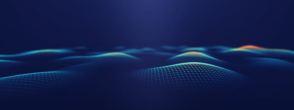 Futuristic digital surface with glowing wave grid in blue tones. Perfect for AI, data visualization, technology, and innovation design backgrounds.