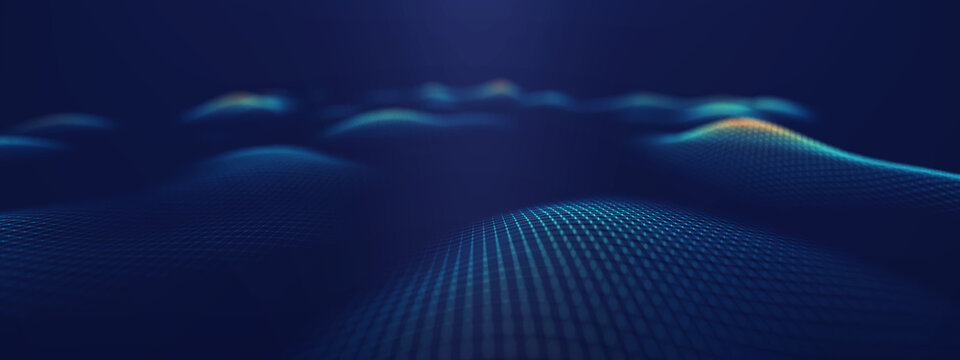 Futuristic digital surface with glowing wave grid in blue tones. Perfect for AI, data visualization, technology, and innovation design backgrounds.