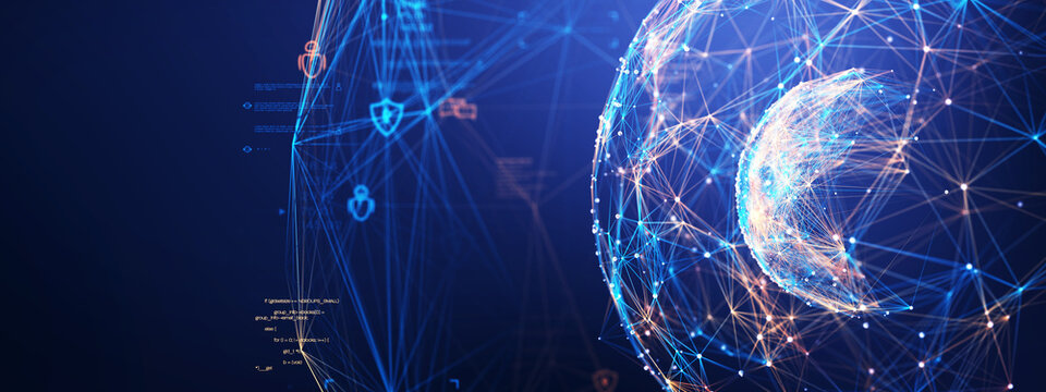 Futuristic AI sphere made of glowing cyber network connections, symbolizing data intelligence, innovation, and technology. Perfect for AI, big data, and digital transformation themes.