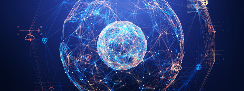Futuristic AI sphere made of glowing cyber network connections, symbolizing data intelligence, innovation, and technology. Perfect for AI, big data, and digital transformation themes.