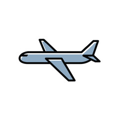 Stylized light blue airplane icon with a thick black outline shown in a flat design style.