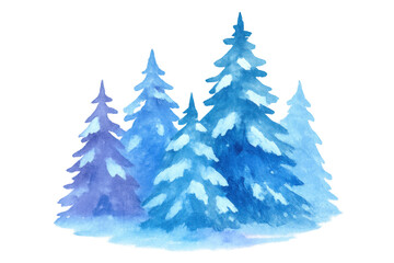 Obraz premium Winter forest watercolor painting showing snowy pine trees in cool blue and purple tones, seasonal holiday design element