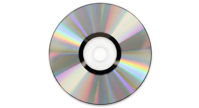 Blank compact disc reflecting vibrant rainbow colors on a clean white background