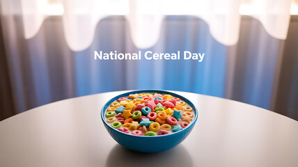 A bowl of colorful ring-shaped cereal on a table with text celebrating National Cereal Day