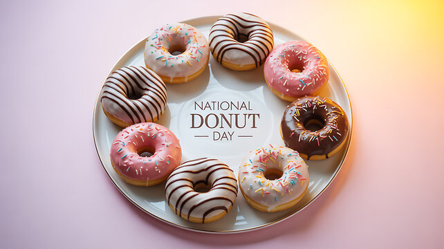 A plate of assorted donuts arranged in a circle with 'National Donut Day' text in the center - Powered by Adobe