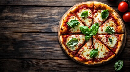 Margherita pizza on rustic wooden table, fresh basil leaves, melted mozzarella, vibrant tomato sauce