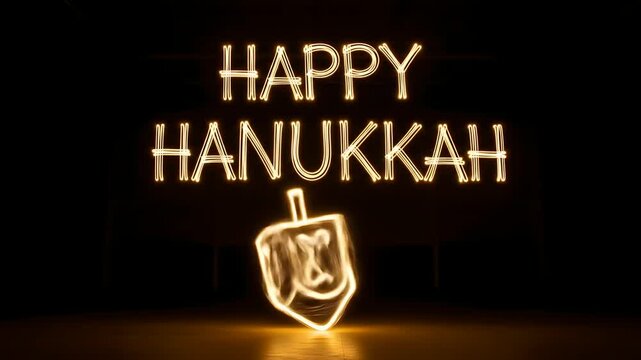 Hanukkah celebration! Animated light painting of dreidel and "Happy Hanukkah." Use for greetings, presentations, social media, and ads about Jewish holiday, tradition, and culture.
