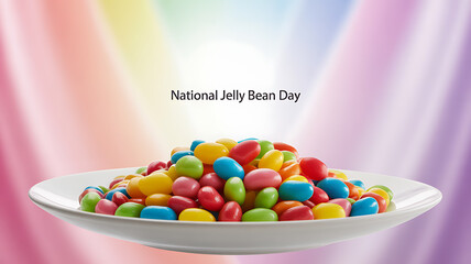 A plate of colorful jelly beans displayed against a rainbow background for National Jelly Bean Day