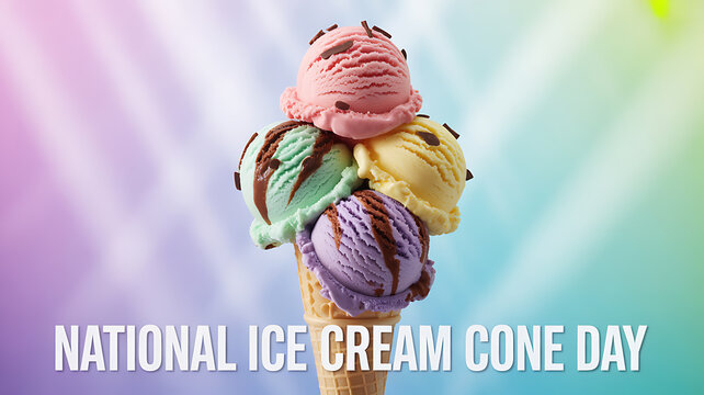 A colorful ice cream cone with multiple scoops of different flavors against a vibrant background celebrating National Ice Cream Cone Day.