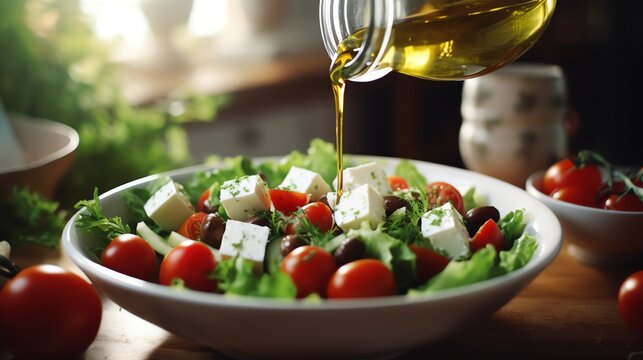 Fresh salad with olive oil and vibrant vegetables.