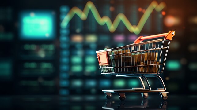 Shopping cart on digital finance background.