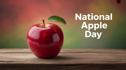 A shiny red apple with a green leaf sits on a wooden surface, celebrating National Apple Day.