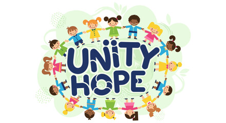 Fototapeta premium A vibrant illustration depicts children from diverse backgrounds holding hands in a circle, symbolizing unity and hope for a better future together.