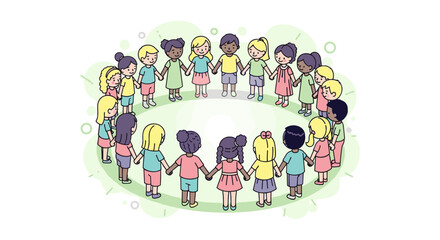 A diverse group of children stand in a circle, holding hands in a show of unity and friendship, creating a colorful and inclusive representation of childhood.