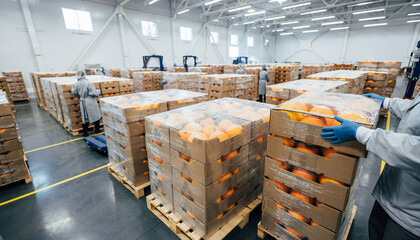 Industrial warehouse with packaged pumpkins prepared for food distribution