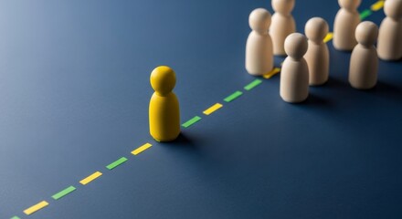 A yellow wooden figure leading a group of wooden figures on a dotted line path