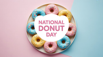Colorful donuts arranged on a plate with 'National Donut Day' text overlay on a pastel background
