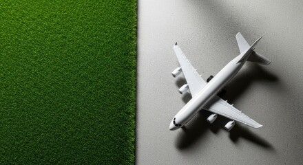 Overhead shot of a white airplane model on concrete next to green artificial grass
