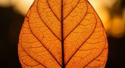 Obraz premium Close-up of a vibrant orange autumn leaf with intricate vein patterns.
