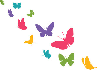 Flying butterfly icons set, colorful insect collection, silhouette and flat style group, decorative nature vector illustration, fluttering butterfly symbol, artistic insect graphic design.
