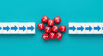 Arrows on white cubes pointing towards question mark cubes on a blue background