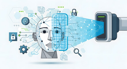 An illustration depicting facial recognition technology, with a digital face being scanned by a device, highlighting security.