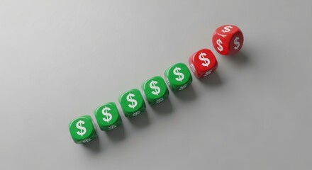 A diagonal line of green dice with dollar signs leading to red dice with dollar signs