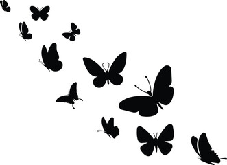 Flying butterfly icons set, insect collection, black silhouette and flat style group, decorative nature vector illustration, fluttering butterfly symbol, artistic insect graphic design.
